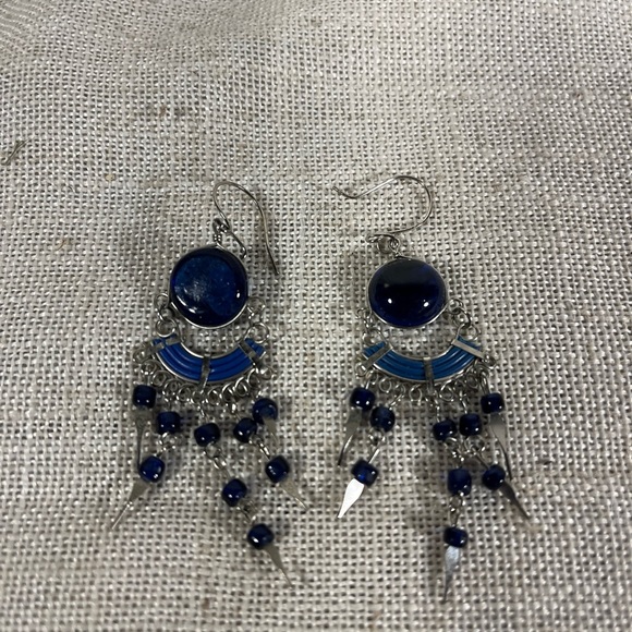 Handmade Blue Beaded Dangle Earrings - Picture 4 of 6